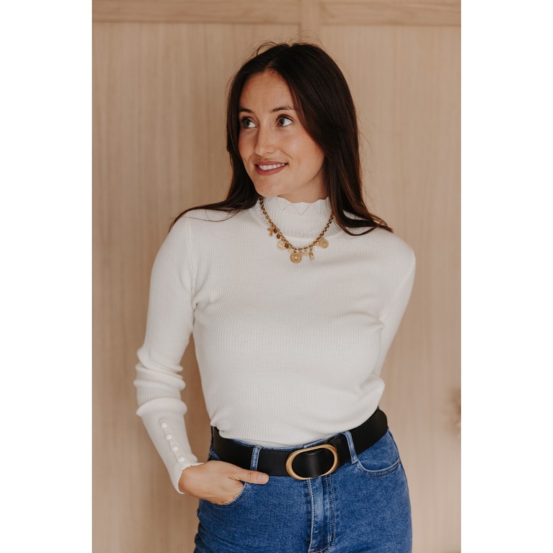 Pull En Laine Uni Blanc Crème - Taille 40 (M), Col Rond, Classique, En Très Bon état