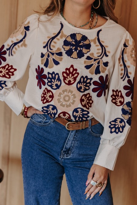 Zoom sur les broderies de la blouse. Zoom sur les broderies de la blouse.